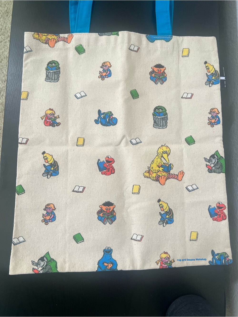 Sesame Street Cream Tote Bag with Multicolor Character Print and Blue Handles